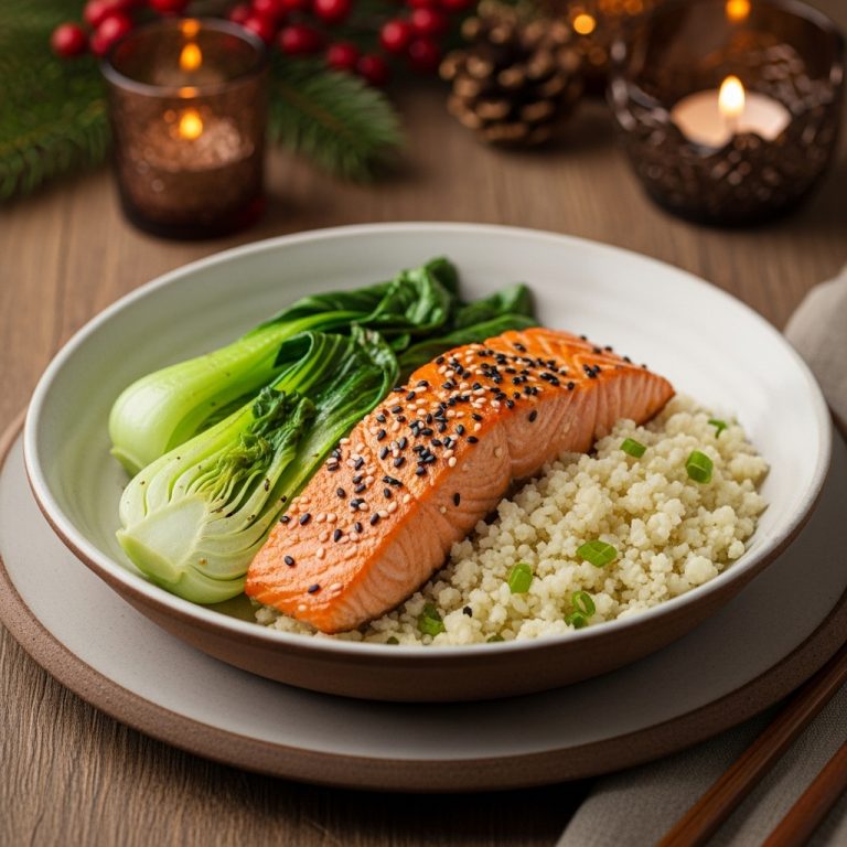 Paleo Japanese Salmon Teriyaki Bowl with Cauliflower Rice and Sautéed Bok Choy